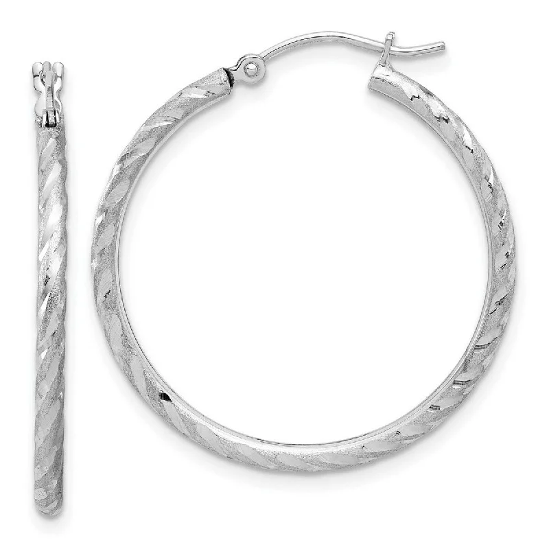 Curata 14k White Gold Polished and Satin Diamond cut Hoop Earrings - 26.75x30mm