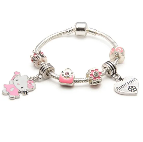 Children's Bridesmaid 'Pink Kitty Cat Glamour' Silver Plated Charm Bead Bracelet