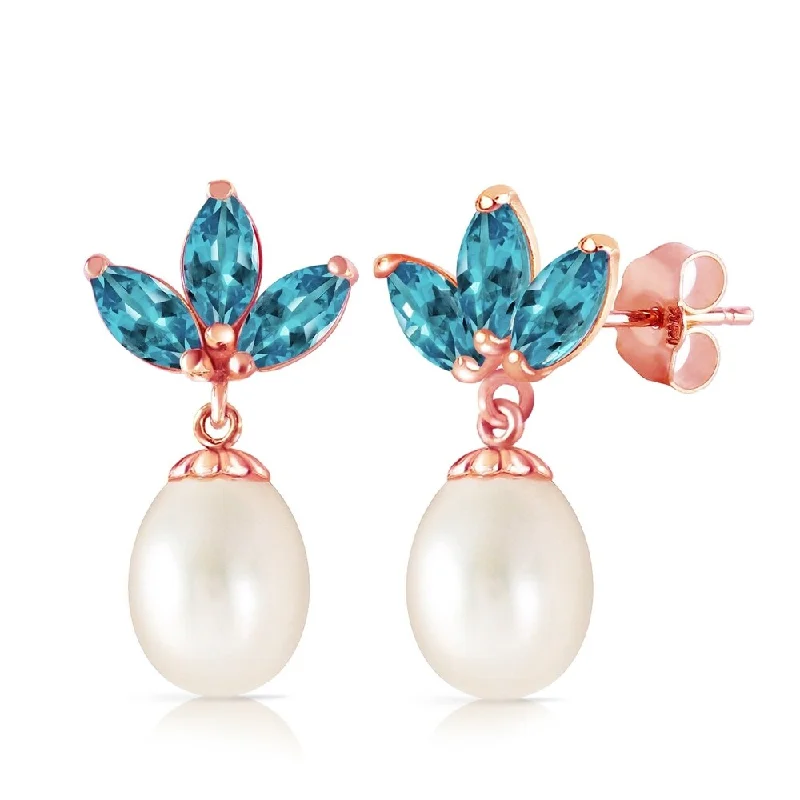 14K Solid Rose Gold Dangling Earrings with pearls & Blue Topaz