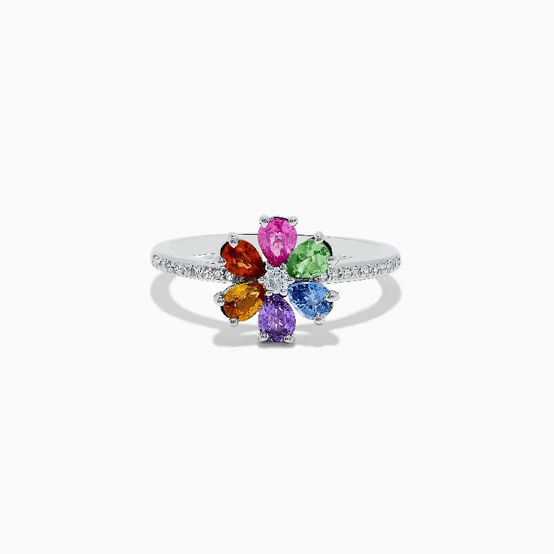 Watercolors 14K White Gold Diamond and Multi Sapphire Flower Ring