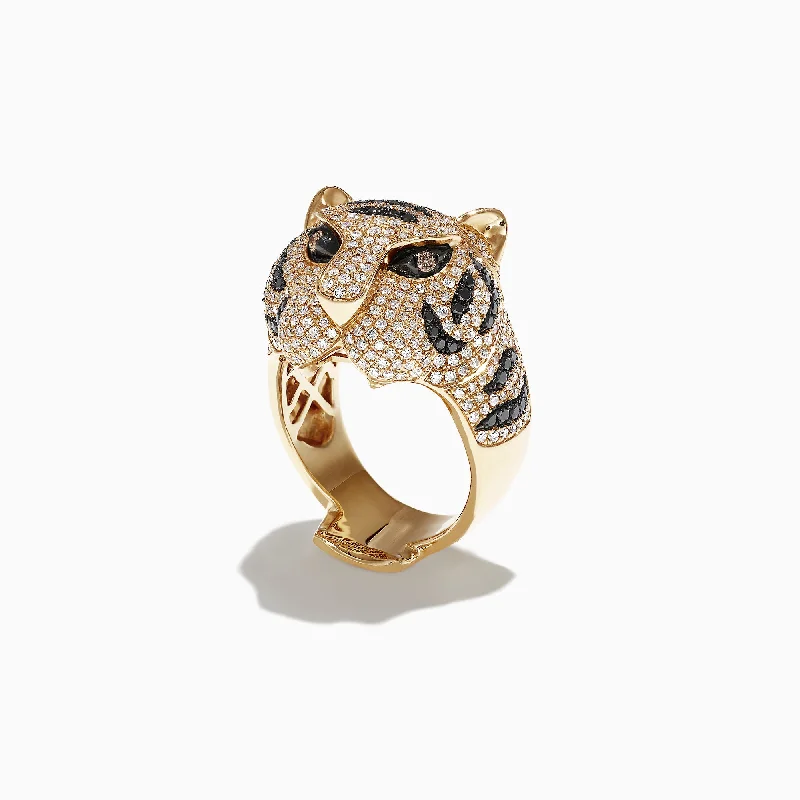 Safari 14k Yellow Gold Black and White Diamond Tiger Ring, 1.85 TCW