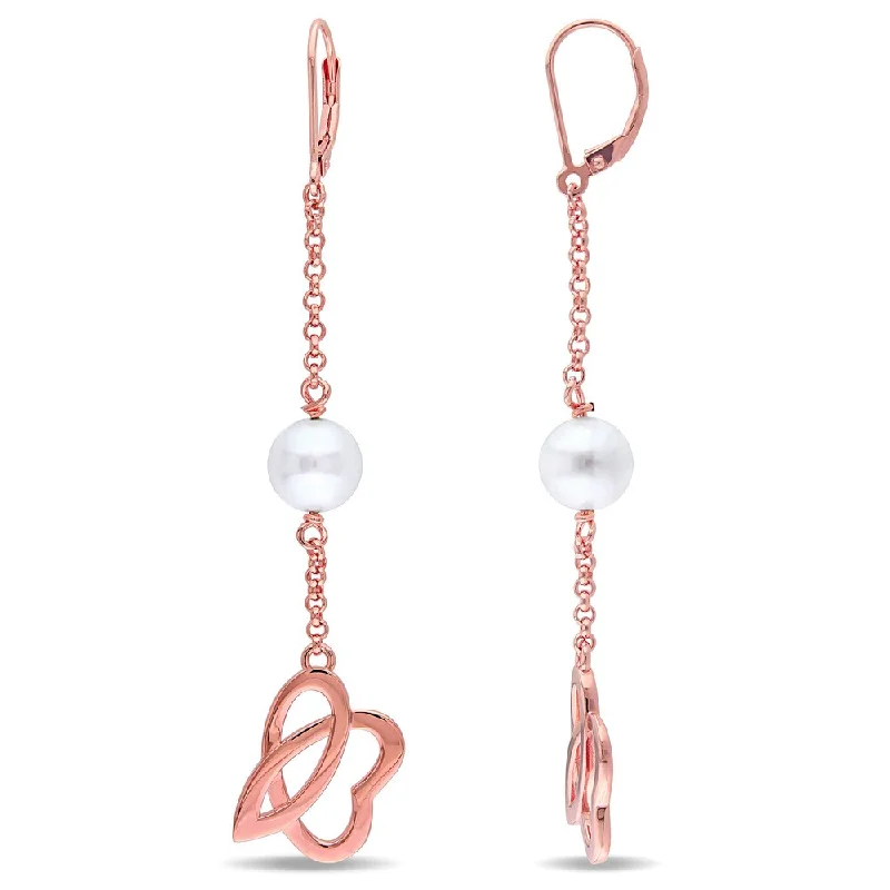 Miadora Rose Gold Plated Silver Cultured Freshwater Pearl Dangle Earrings (8-8.5 Mm) - White