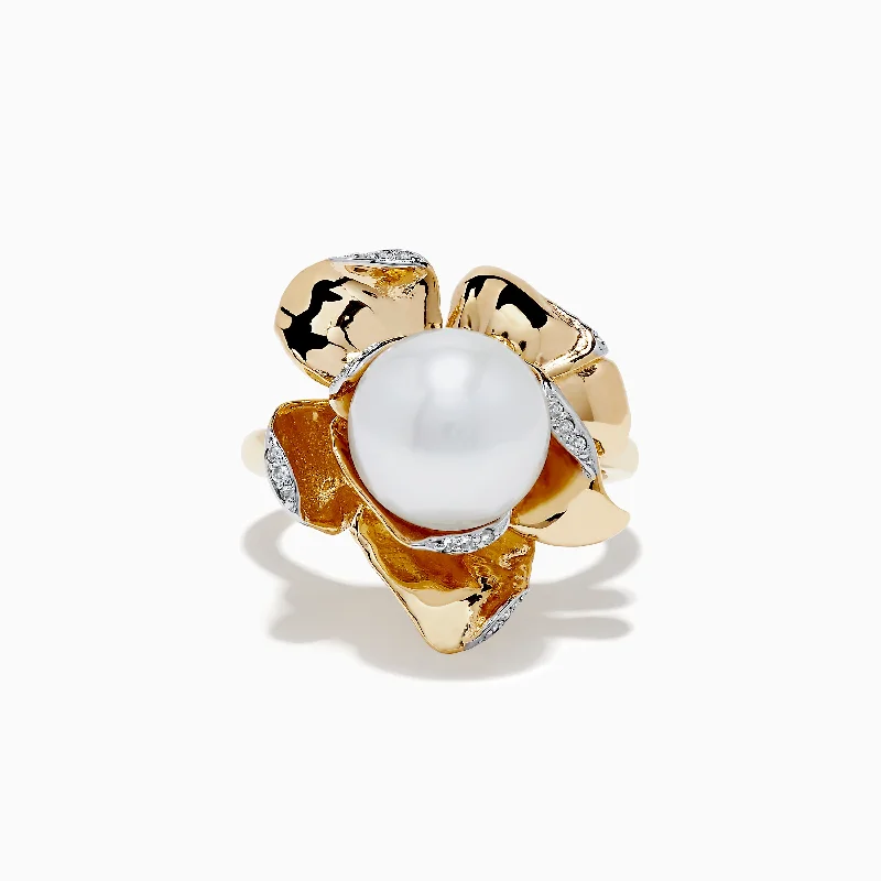 Pearl 14K Yellow Gold Pearl and Diamond Flower Ring