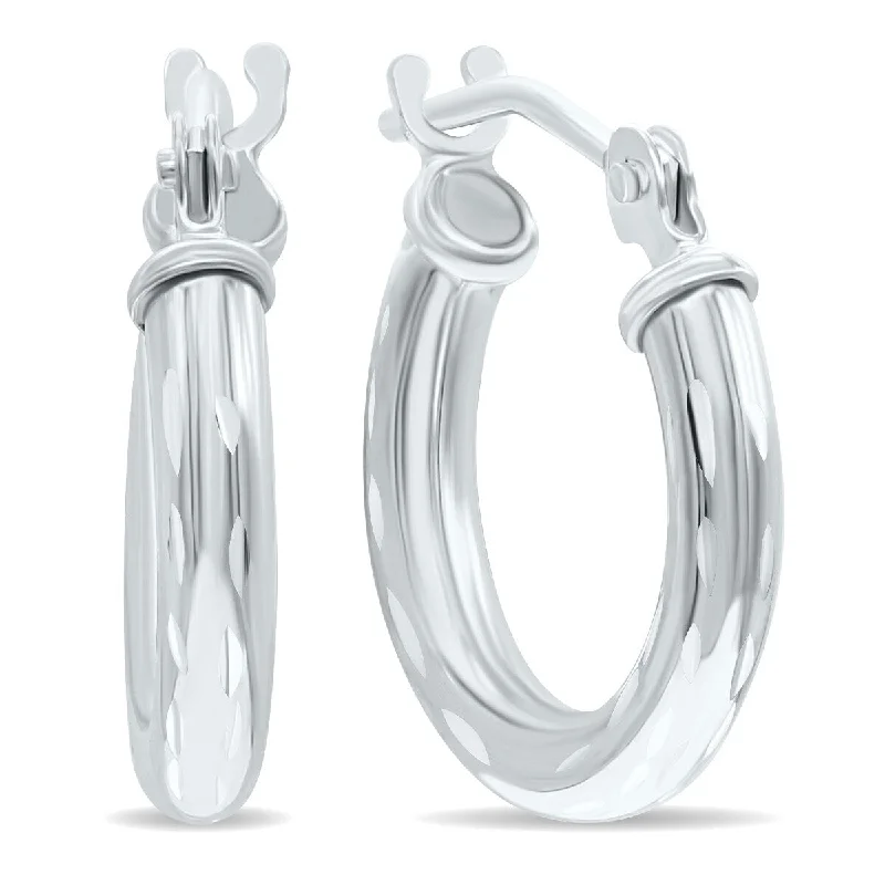 Marquee Jewels 10K White Gold Shiny Diamond Cut Engraved Hoop Earrings (14mm)