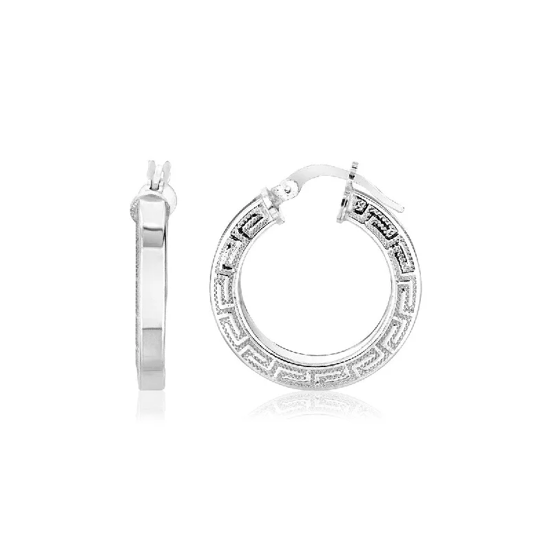 Sterling Silver Round Hoop Earrings with Greek Key Pattern