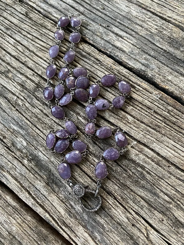 Lepidolite Bezel Necklace with Pave Diamond Clasp.