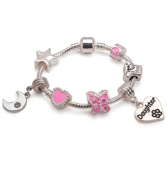 Children's Daughter Pink 'Dream Moon & Star' Silver Plated Charm Bead Bracelet