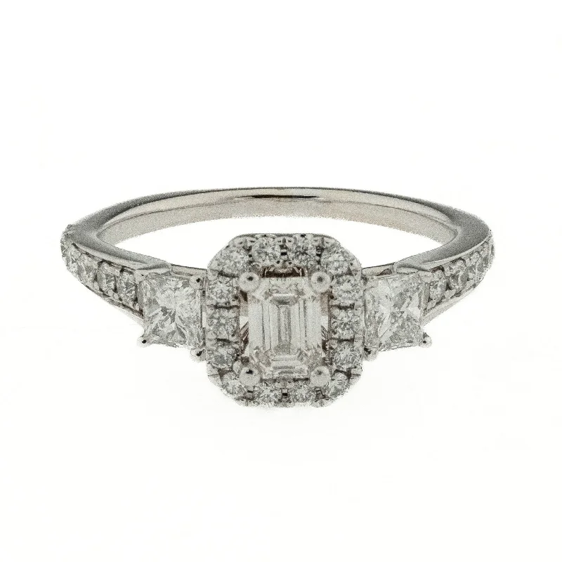 0.25ct Emerald Cut Diamond with Accents Engagement Ring in 14K White Gold - Size 4.75