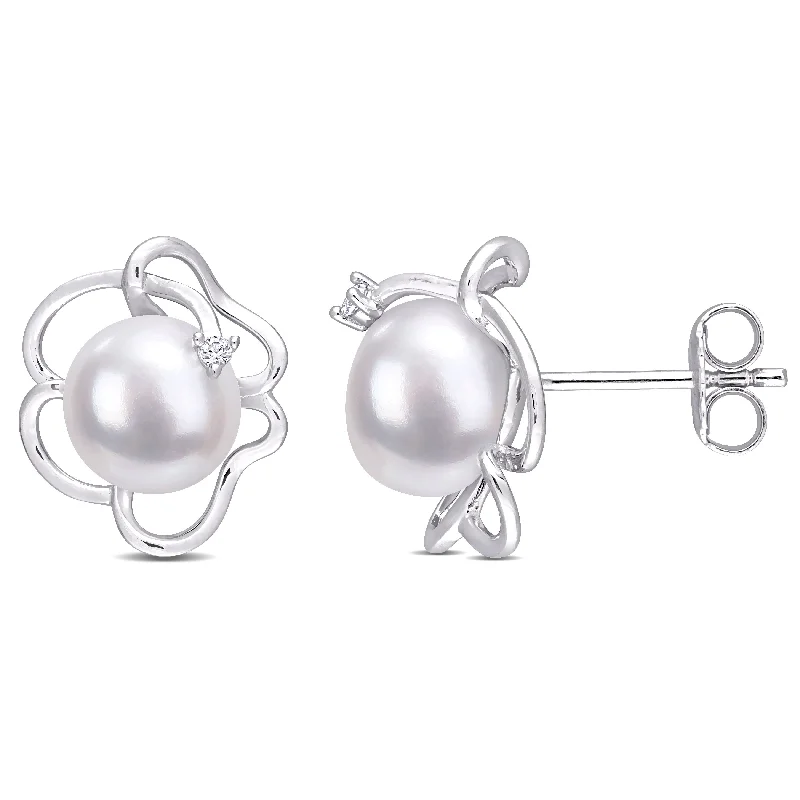 Miadora 7.5-8mm Cultured Freshwater Pearl and Created White Sapphire Floral Stud Earrings in Sterling Silver