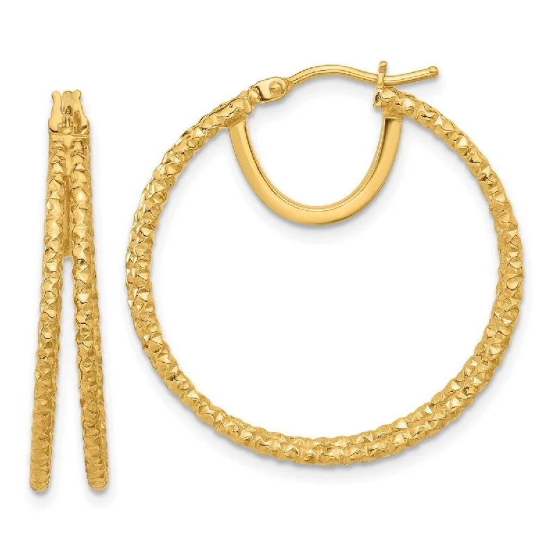 Curata 14k Yellow Gold Polished and Textured Double Circle Hoop Earrings - 29.6x29.5mm