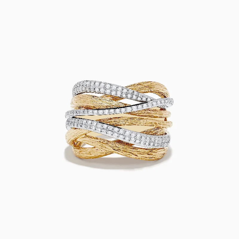 Duo 14K Two-Tone Textured Gold Pave Diamond Crossover Ring