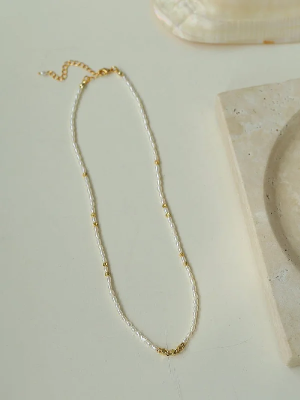 Minimalist Necklace with Small Gold Beads and Rice Pearls