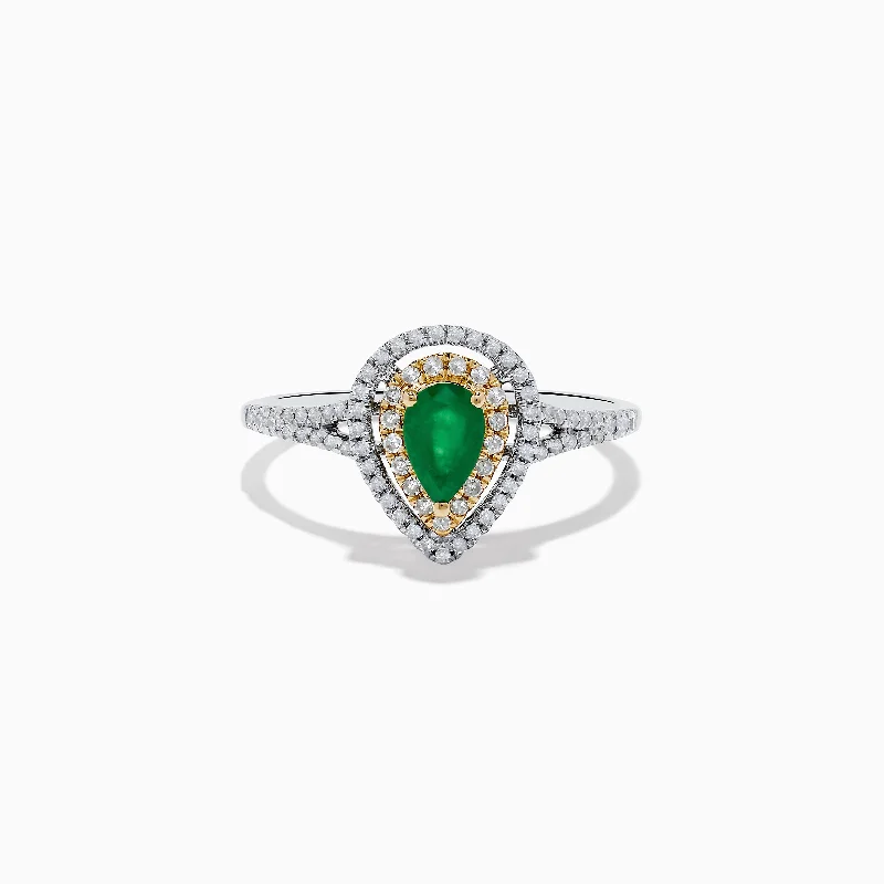 14K White and Yellow Gold Pear Shaped Double Diamond Halo Emerald Ring