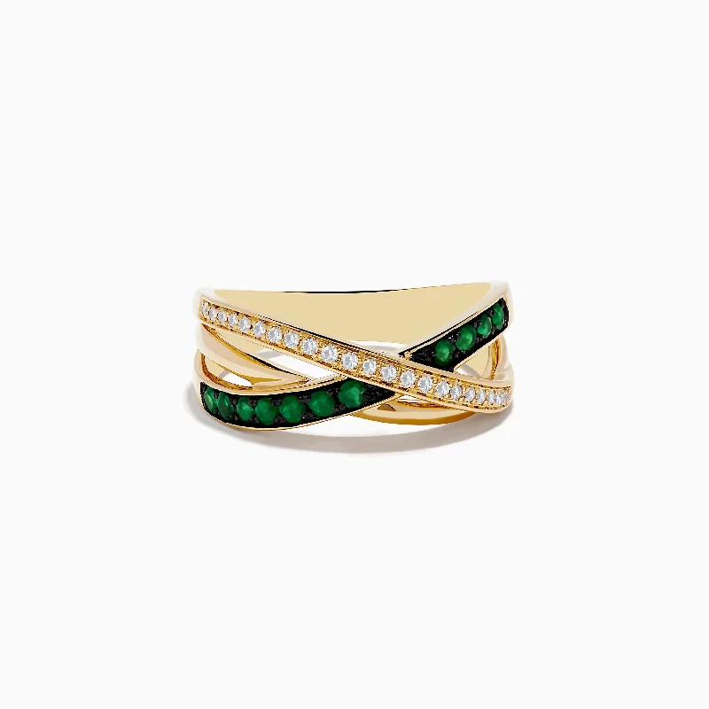 14K Yellow Gold Emerald and Diamond Crossover Band