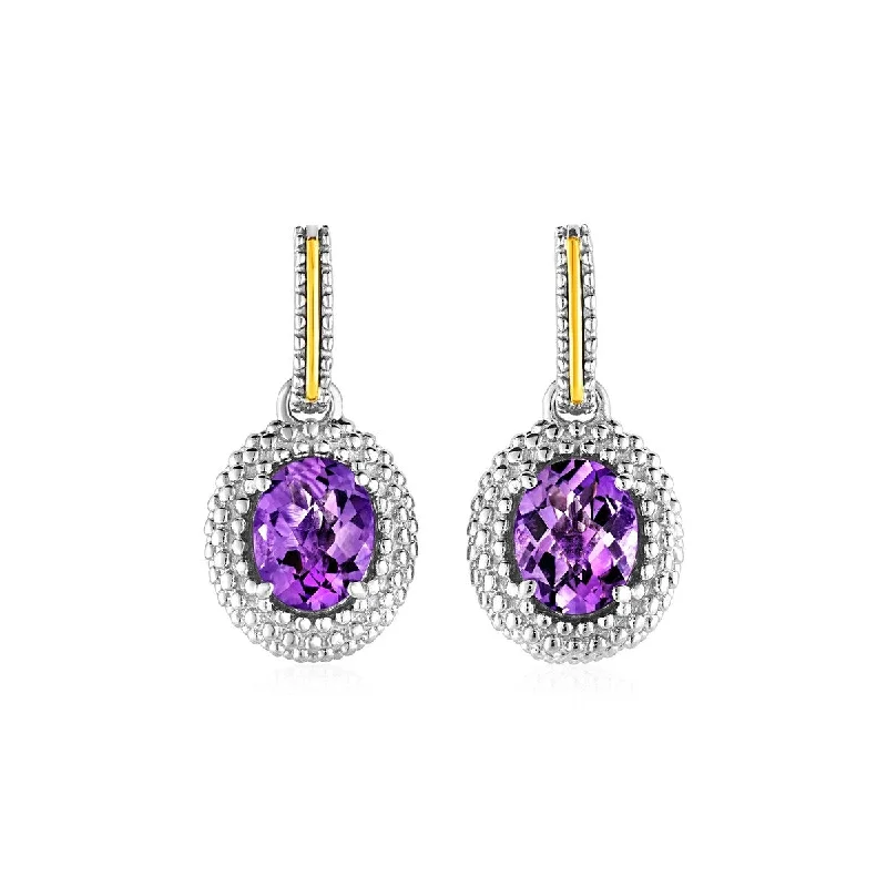 Oval Amethyst Earrings in 18k Yellow Gold & Sterling Silver