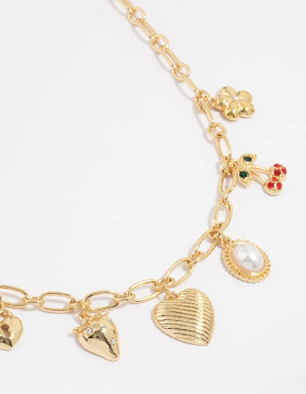 Gold Plated Heart & Cherry Charm Necklace