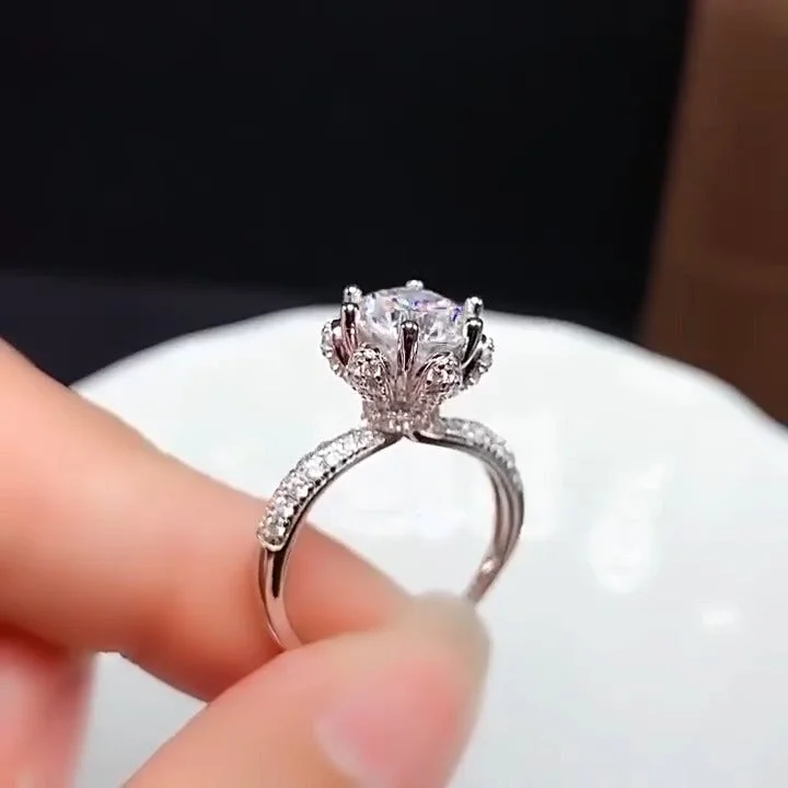 Round Cut Flower Crackling Sterling Silver Engagement Ring