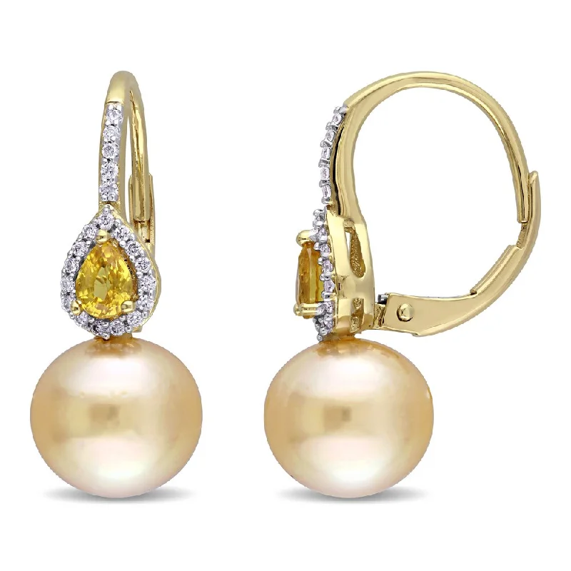 Miadora 14k White Gold Cultured South Sea Gold Pearl Yellow Sapphire and 1/8ct TDW Diamond Earrings (G-H, SI1-SI2) (9-9.5mm)