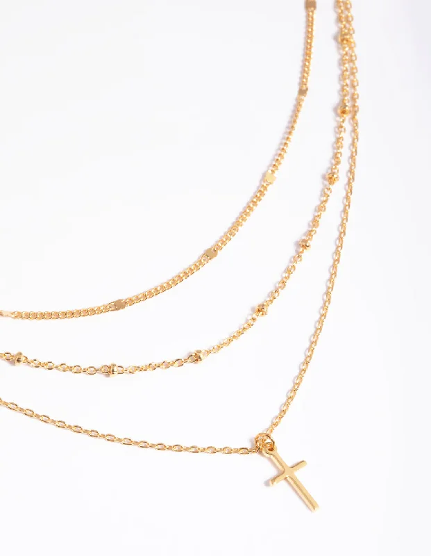 Gold Plated Brass Layered Cross Necklace