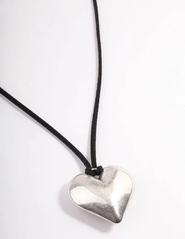 Silver Puffy Heart Black Suede Adjustable Cord Necklace