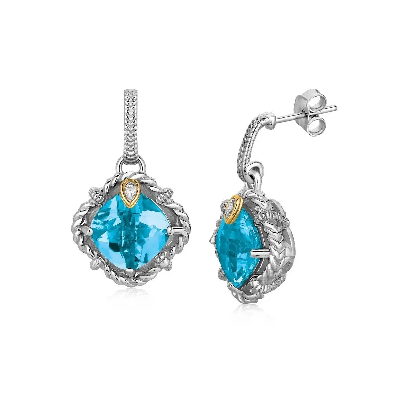 18k Yellow Gold and Sterling Silver Blue Topaz and Diamond Earrings