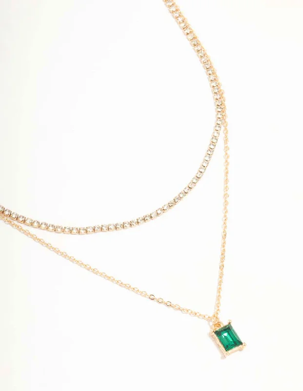 Gold & Green Diamante Layered Chain Necklace