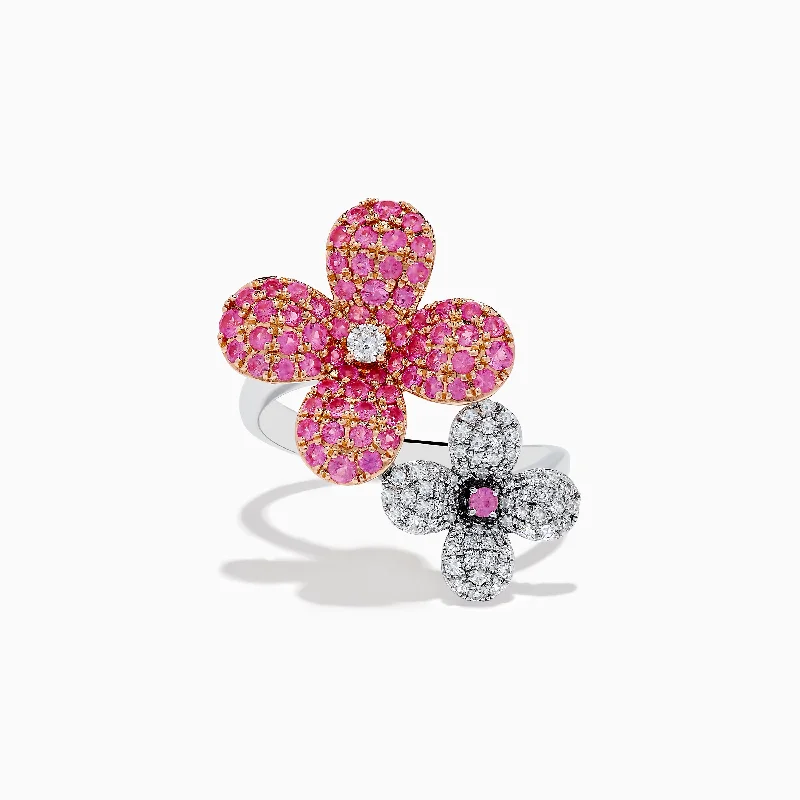 Nature 14k Two Tone Gold Pink Sapphire and Diamond Flower Ring