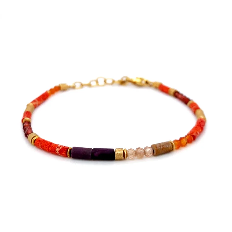 24K Gold Vermeil, Carnelian, Garnet, Ruby, Jasper, Zircon, & Coral Beaded Bracelet