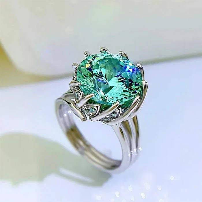 Unique Design Round Cut Green Stone Sterling Silver Engagement Ring