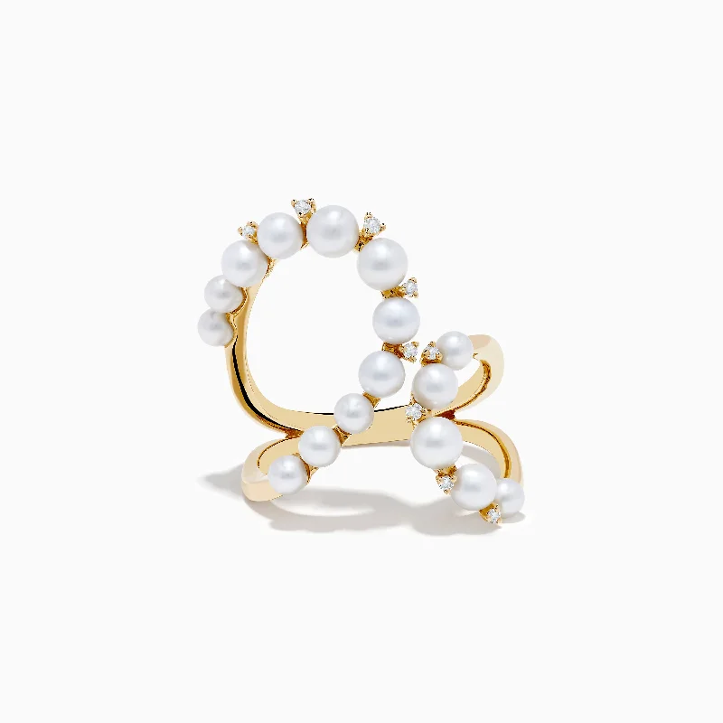 14K Yellow Gold Fresh Water Pearl and Diamond Open Loop Shank Ring