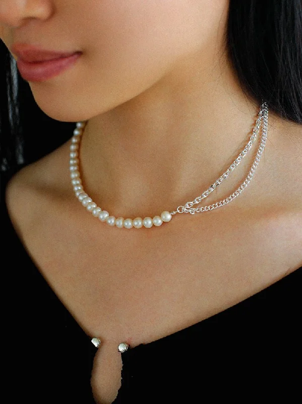 Freshwater Pearl Panel Chain Silver Necklace