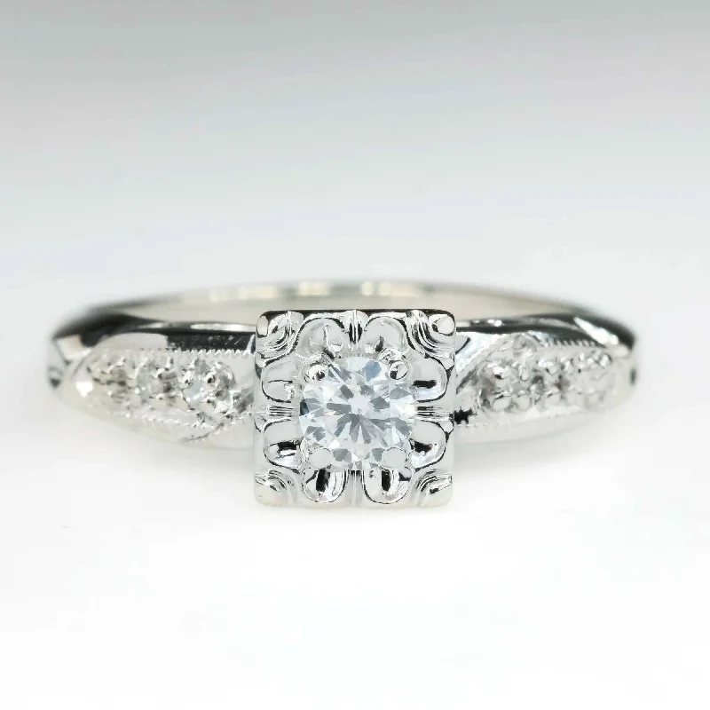 0.25ct Round Diamond Vintage Illusion Square Engagement Ring in 14K White Gold