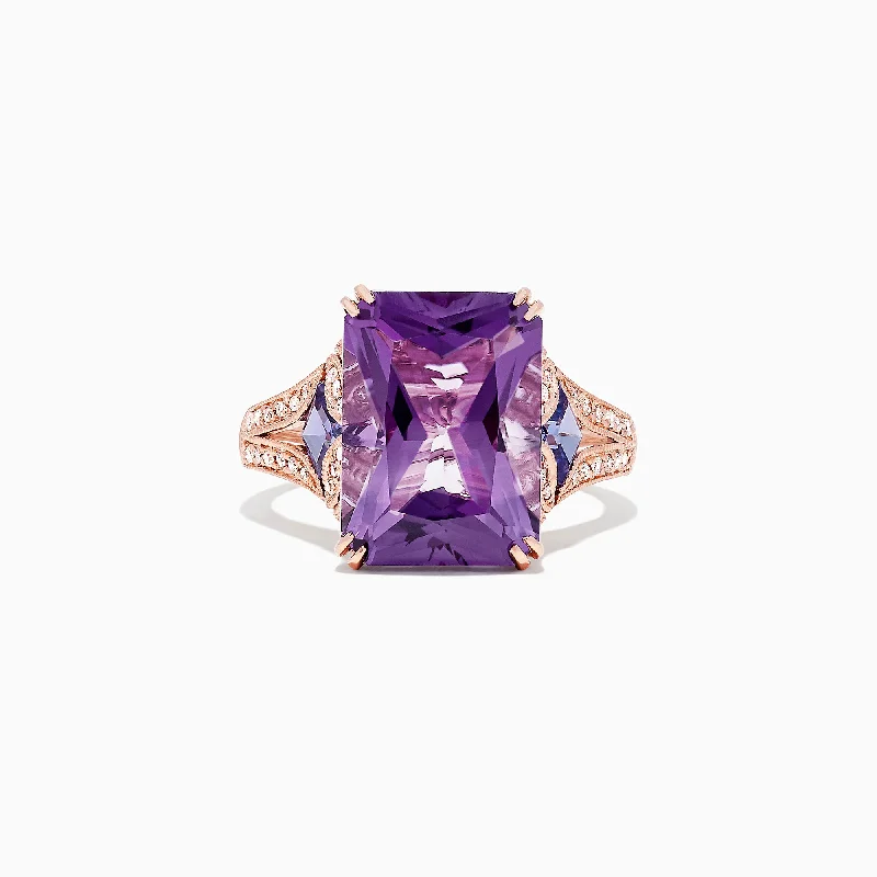 14K Rose Gold Amethyst, Tanzanite and Diamond Cocktail Ring, 7.60 TCW