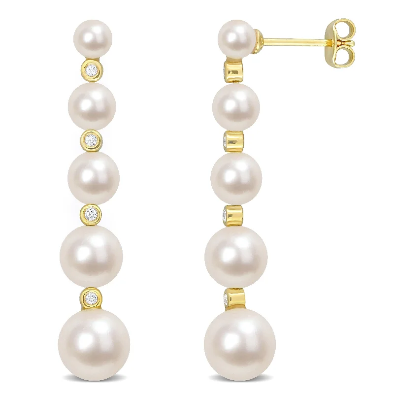 Miadora Cultured Freshwater Pearl and 1/4ct TGW White Topaz Graduated Dangle Earrings in Yellow Silver