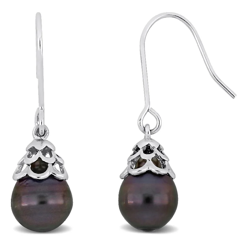 Miadora Black Tahitian Cultured Pearl Shepherd hook Earrings Silver