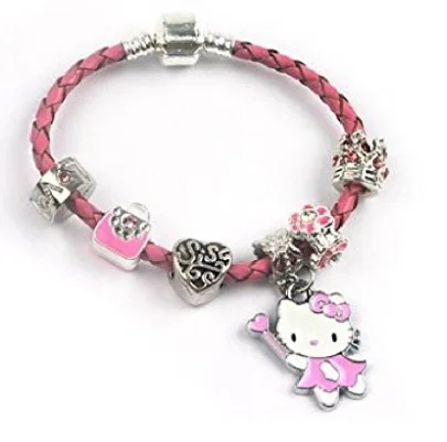 Children's Sis 'Pink Kitty Cat Glamour' Pink Braided Leather Charm Bead Bracelet