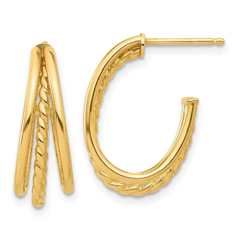 Curata 14k Yellow Gold Polished and Twist Oval Multi Row J hoop Post Earrings - 21.6x16.1mm