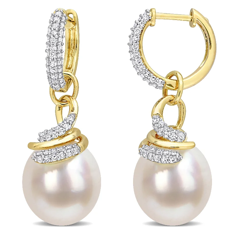 Miadora White South Sea Cultured Pearl and 3/5ct TDW Diamond Swirl Hoop Earrings in 14k Yellow Gold