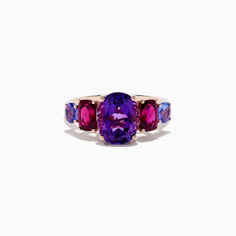 14K Rose Gold Amethyst, Rhodolite, and Tanzanite Ring