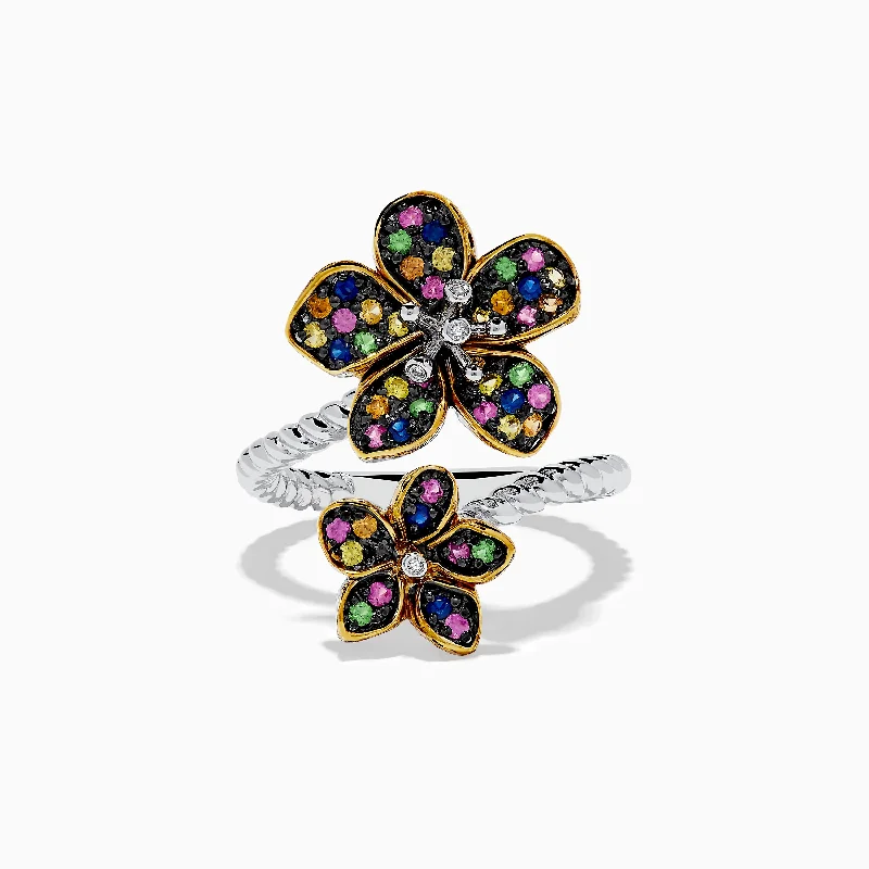 Splash Sterling Silver Diamond and Mulit Sapphires Flower Ring