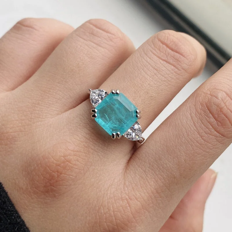 Three Stone Princess Cut Paraiba Tourmaline Ring in Sterling Silver