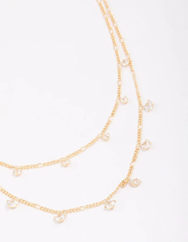 Gold Plated Brass Double Cubic Zirconia Droplet Layered Necklace