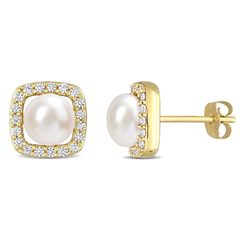 Miadora 6-6.5 mm Cultured Freshwater Pearl and 3/8 CT TGW Created White Sapphire Halo Earrings in 10k Yellow Gold