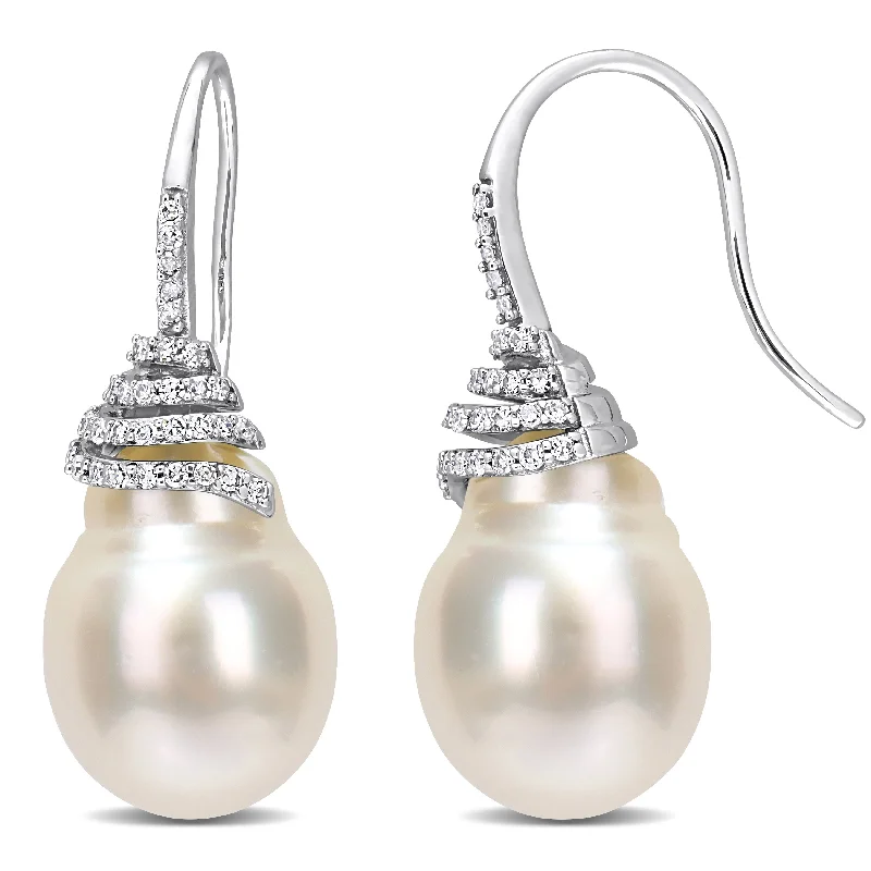 Miadora White South Sea Cultured Pearl and 1/3ct TDW Diamond Swirl Hook Earrings in 14k White Gold