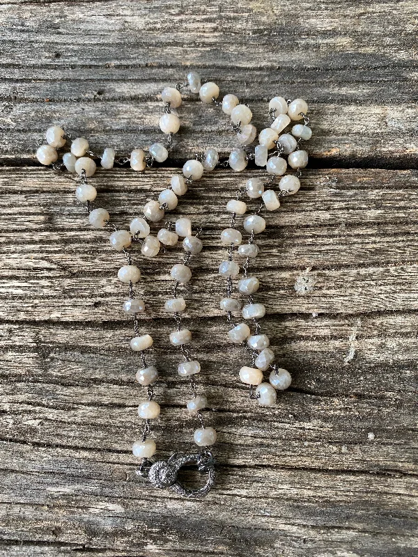 Beige Silverite Beaded Necklace with Pave Diamond Clasp