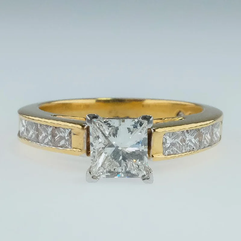 18K Yellow Gold GIA 1.00ct Princess Cut VS2/H Diamond Accented Engagement Ring