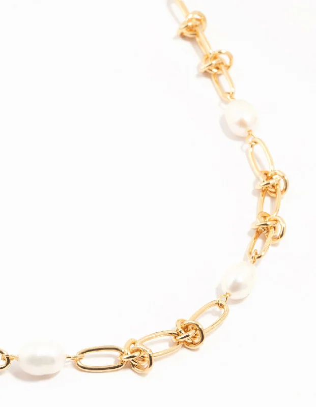 Gold Plated Freshwater Pearl & Knotted Necklace