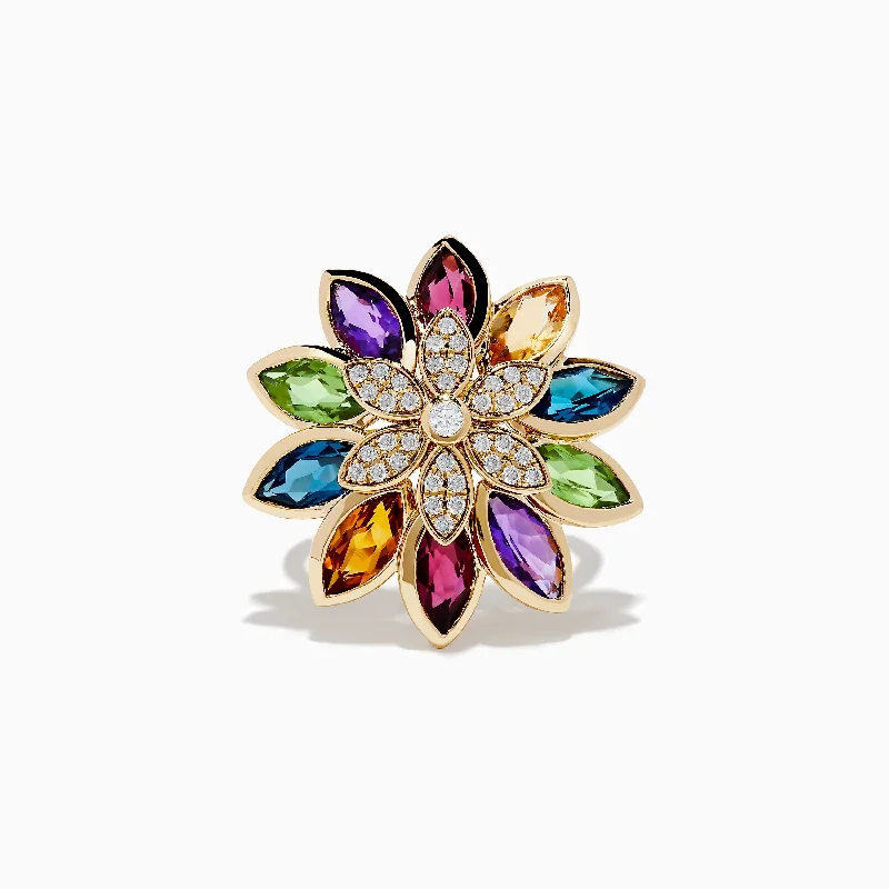 Mosaic 14K Yellow Gold Multi Stone and Diamond Flower Ring