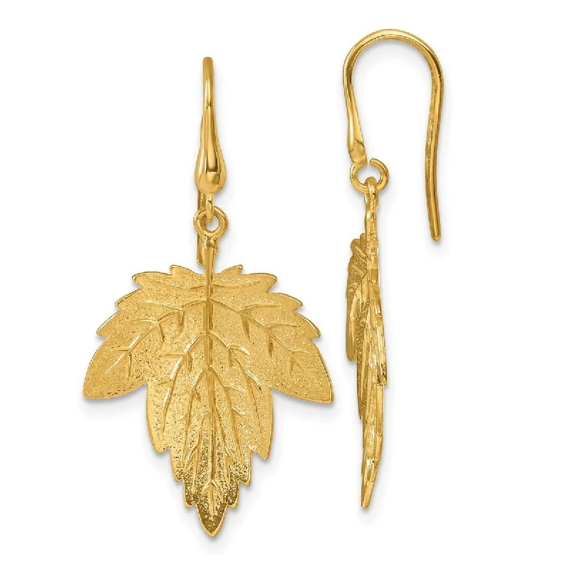 Curata 14k Yellow Gold 34.9x19.2mm Textured Maple Leaf Long Drop Dangle Earrings