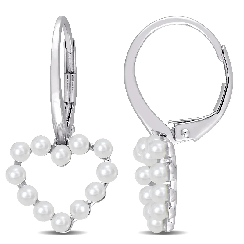 Miadora Cultured Freshwater Pearl Heart Leverback Earrings in 14k White Gold